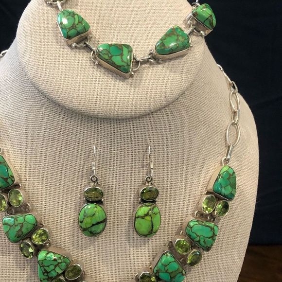 Mohave Lime Green Copper Infused Turquoise Peridot Sterling Silver Drop Earrings - Picture 8 of 16